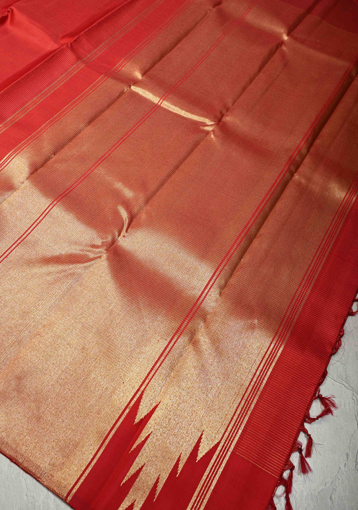 Deep Red Pure Kanjivaram Silk Saree with Vairaoosi Zari Stripes and Tissue Zari Border | SILK MARK CERTIFIED