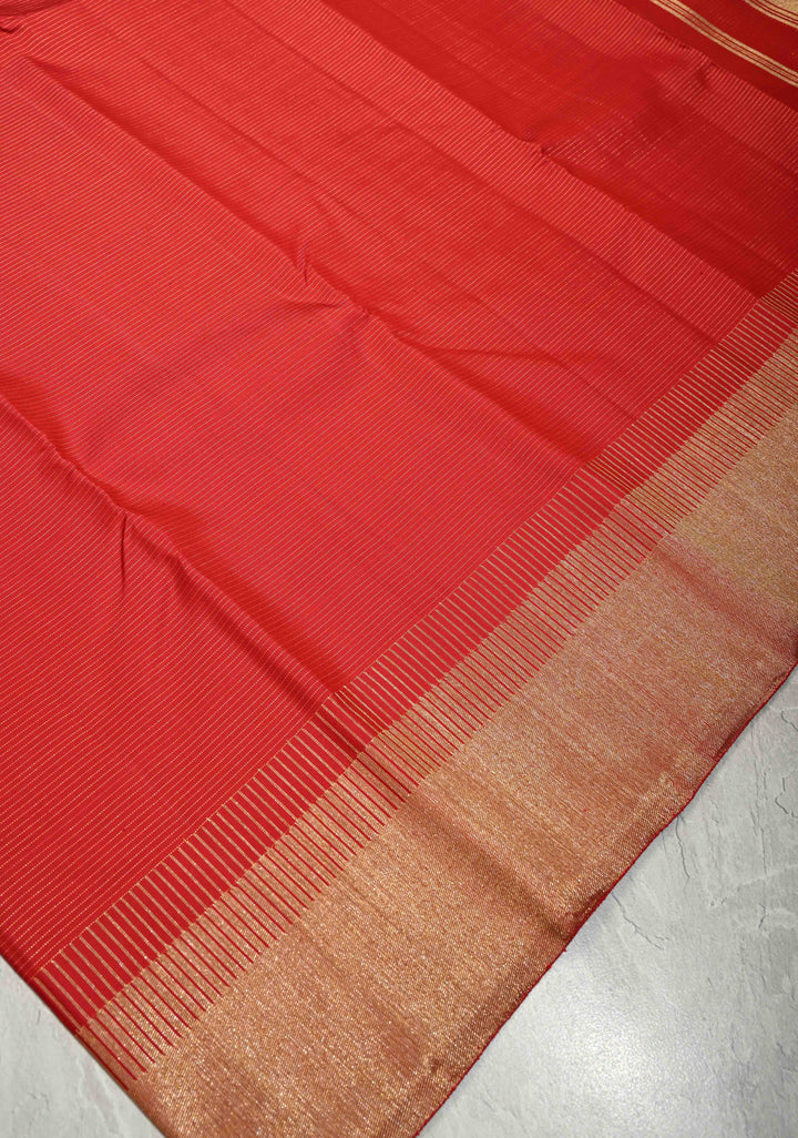 Deep Red Pure Kanjivaram Silk Saree with Vairaoosi Zari Stripes and Tissue Zari Border | SILK MARK CERTIFIED