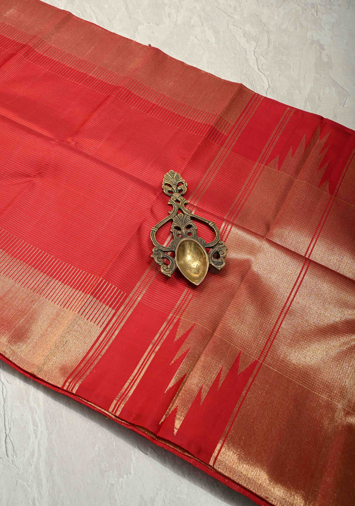 Deep Red Pure Kanjivaram Silk Saree with Vairaoosi Zari Stripes and Tissue Zari Border | SILK MARK CERTIFIED