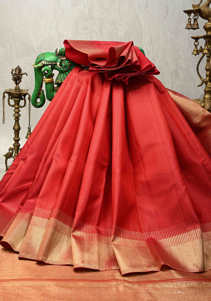 Deep Red Pure Kanjivaram Silk Saree with Vairaoosi Zari Stripes and Tissue Zari Border | SILK MARK CERTIFIED