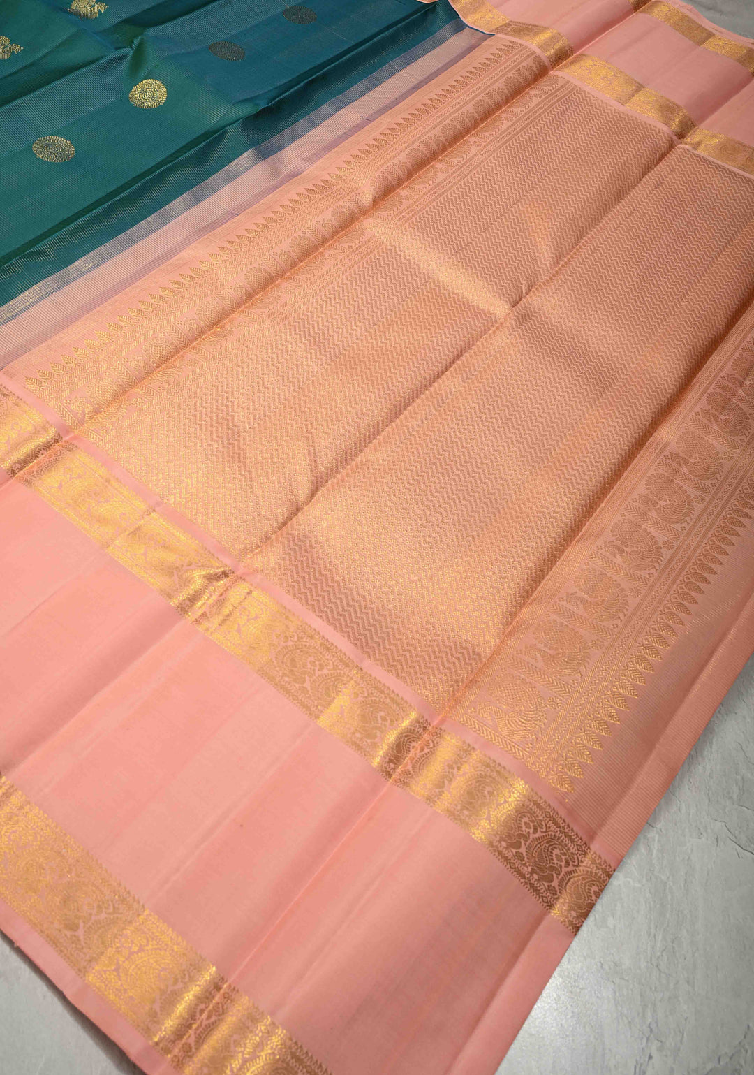 Rama Green Dual tone Vairaoosi Zari Stripes on Pure Kanjivaram Silk Saree with Zari Buttas  and Contrast Korvai Rettaipet Border | SILK MARK CERTIFIED