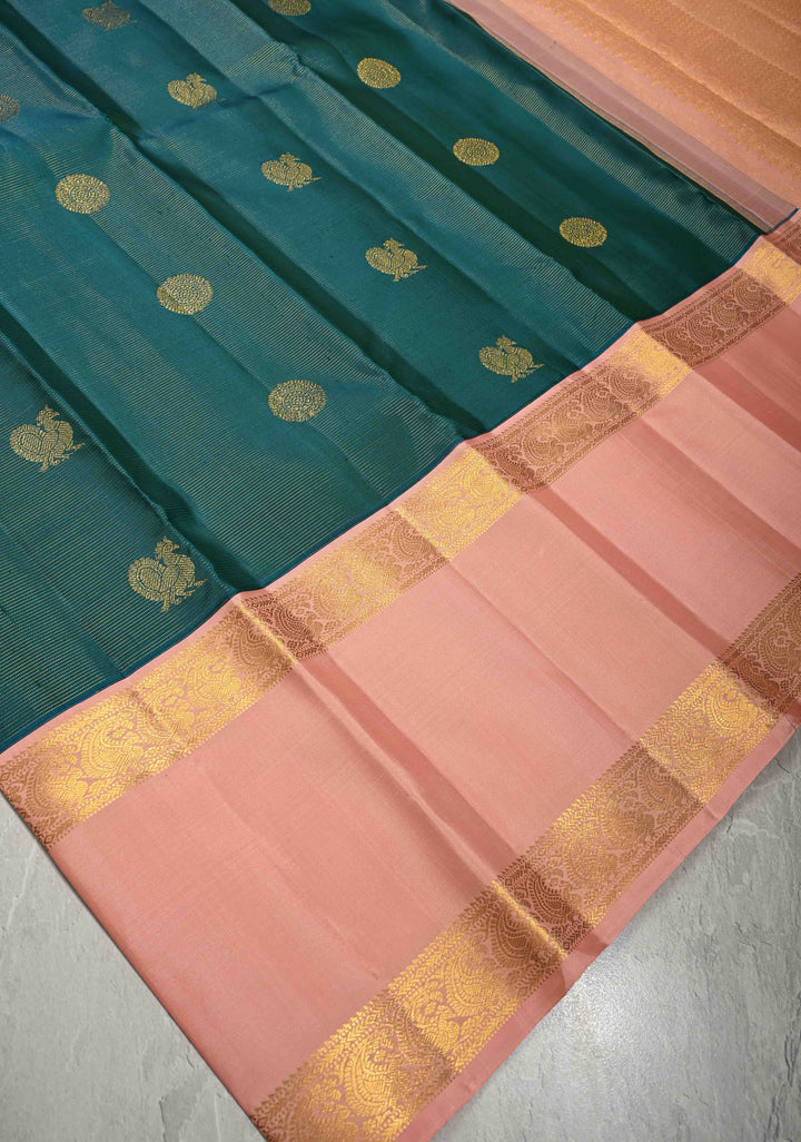 Rama Green Dual tone Vairaoosi Zari Stripes on Pure Kanjivaram Silk Saree with Zari Buttas  and Contrast Korvai Rettaipet Border | SILK MARK CERTIFIED