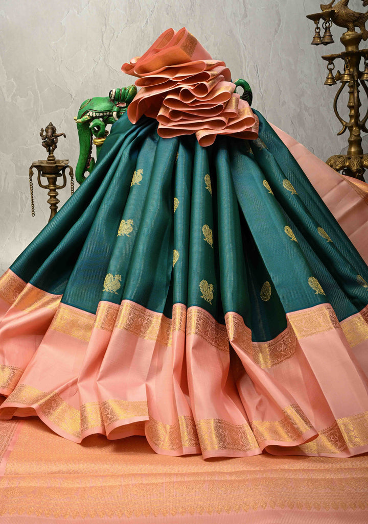 Rama Green Dual tone Vairaoosi Zari Stripes on Pure Kanjivaram Silk Saree with Zari Buttas  and Contrast Korvai Rettaipet Border | SILK MARK CERTIFIED