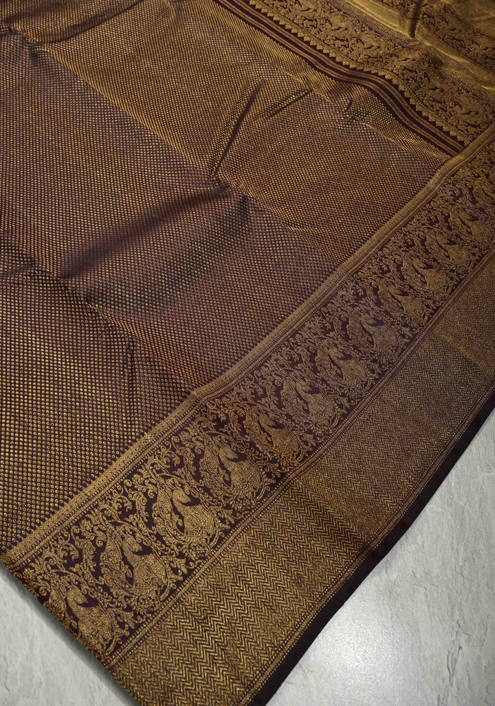 3 Gram Pure Zari Beetlenut Color Pure Kanjivaram Silk Saree with Oxidised Zari Brocade and Peacock Motifs Panel on Zari Border | SILK MARK CERTIFIED