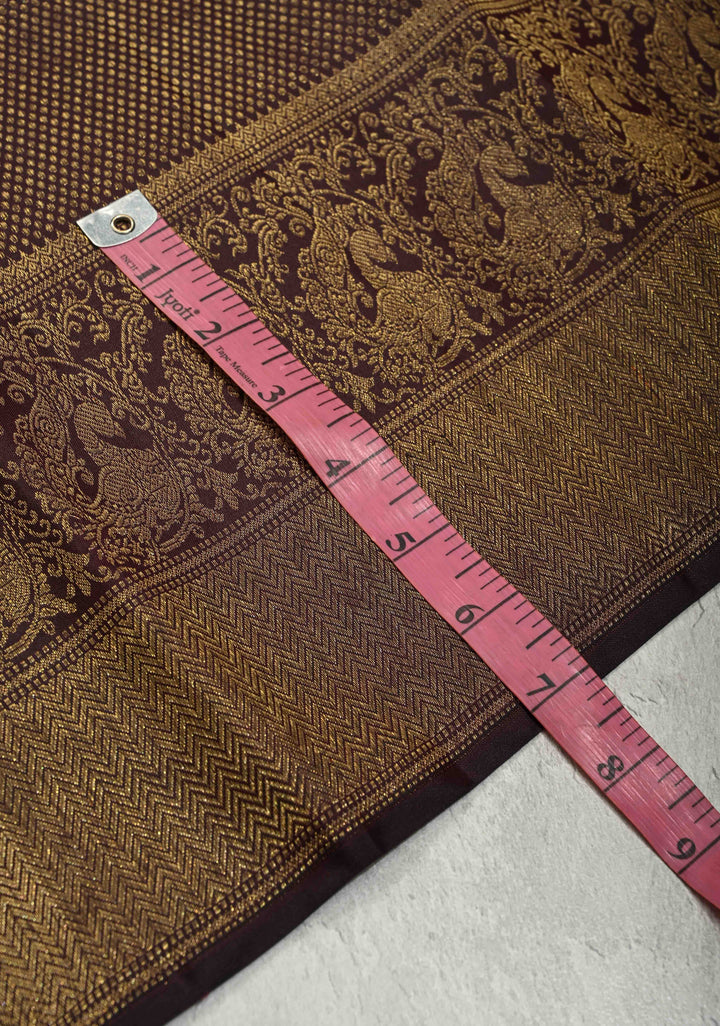 3 Gram Pure Zari Beetlenut Color Pure Kanjivaram Silk Saree with Oxidised Zari Brocade and Peacock Motifs Panel on Zari Border | SILK MARK CERTIFIED