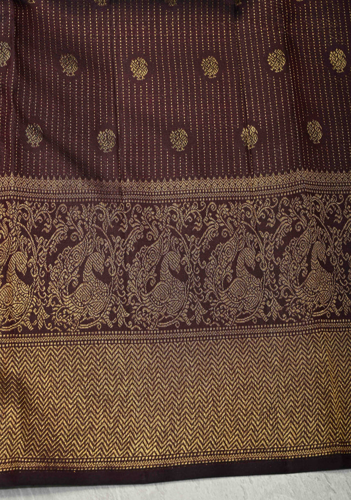 3 Gram Pure Zari Beetlenut Color Pure Kanjivaram Silk Saree with Oxidised Zari Brocade and Peacock Motifs Panel on Zari Border | SILK MARK CERTIFIED