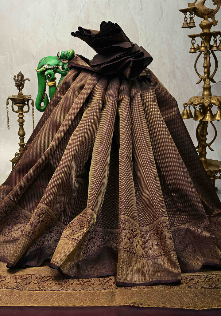 3 Gram Pure Zari Beetlenut Color Pure Kanjivaram Silk Saree with Oxidised Zari Brocade and Peacock Motifs Panel on Zari Border | SILK MARK CERTIFIED