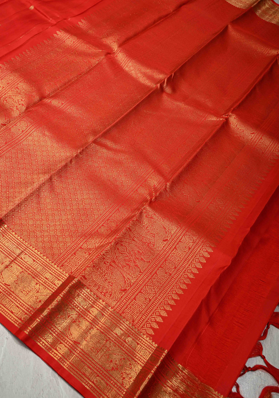 Vermilion Red Pure Kanjivaram Silk Saree with Zari Buttas and Zari Border| SILK MARK CERTIFIED