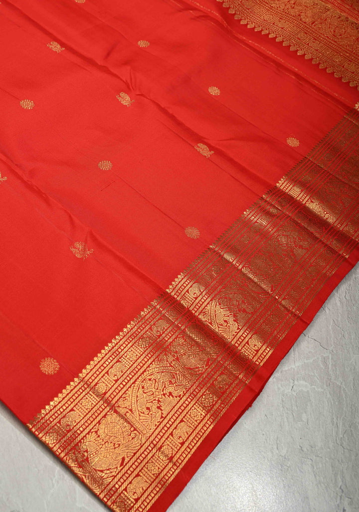Vermilion Red Pure Kanjivaram Silk Saree with Zari Buttas and Zari Border| SILK MARK CERTIFIED