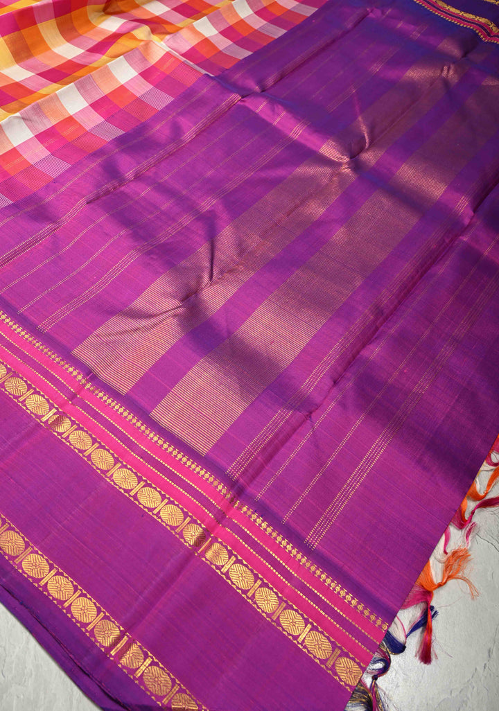 Orange-Pink-Mustard Palum Pazhamum Pure Kanjivaram Silk Saree with Purple Contrast Korvai Border  | SILK MARK CERTIFIED