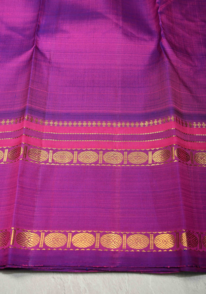 Orange-Pink-Mustard Palum Pazhamum Pure Kanjivaram Silk Saree with Purple Contrast Korvai Border  | SILK MARK CERTIFIED