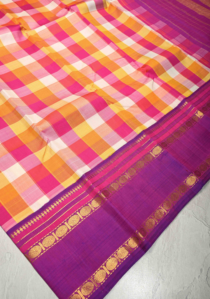 Orange-Pink-Mustard Palum Pazhamum Pure Kanjivaram Silk Saree with Purple Contrast Korvai Border  | SILK MARK CERTIFIED