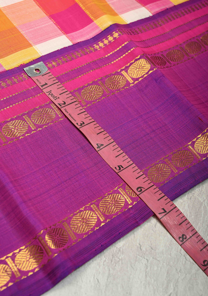 Orange-Pink-Mustard Palum Pazhamum Pure Kanjivaram Silk Saree with Purple Contrast Korvai Border  | SILK MARK CERTIFIED