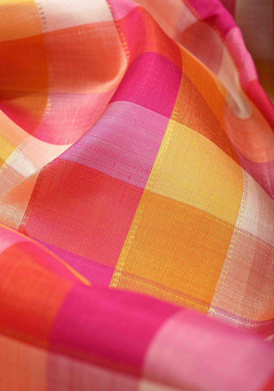 Orange-Pink-Mustard Palum Pazhamum Pure Kanjivaram Silk Saree with Purple Contrast Korvai Border  | SILK MARK CERTIFIED