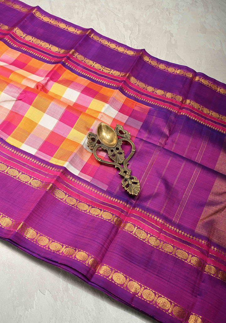Orange-Pink-Mustard Palum Pazhamum Pure Kanjivaram Silk Saree with Purple Contrast Korvai Border  | SILK MARK CERTIFIED