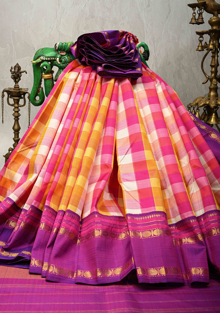 Orange-Pink-Mustard Palum Pazhamum Pure Kanjivaram Silk Saree with Purple Contrast Korvai Border  | SILK MARK CERTIFIED