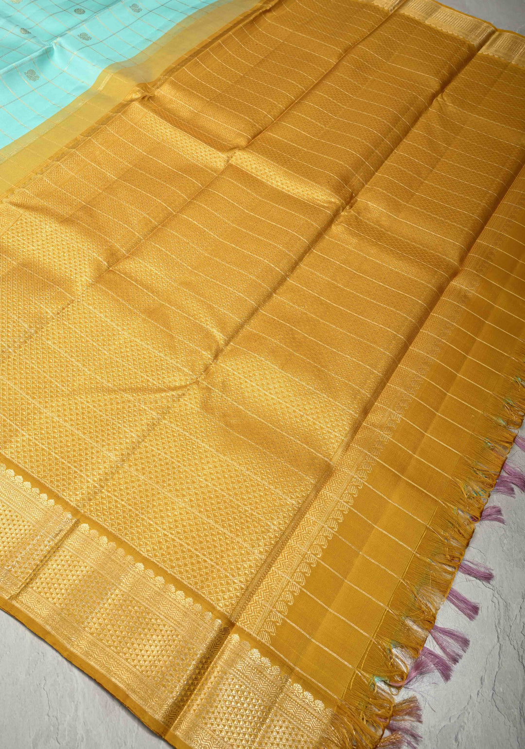 KORVAI Baby Blue Zari Checks on Pure Kanjivaram Silk Saree with Zari Buttas and Mustard Biscuit Muted Zari Border | SILK MARK CERTIFIED