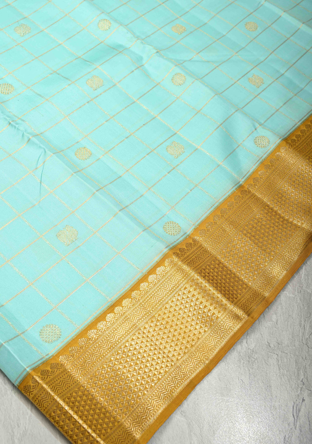 KORVAI Baby Blue Zari Checks on Pure Kanjivaram Silk Saree with Zari Buttas and Mustard Biscuit Muted Zari Border | SILK MARK CERTIFIED