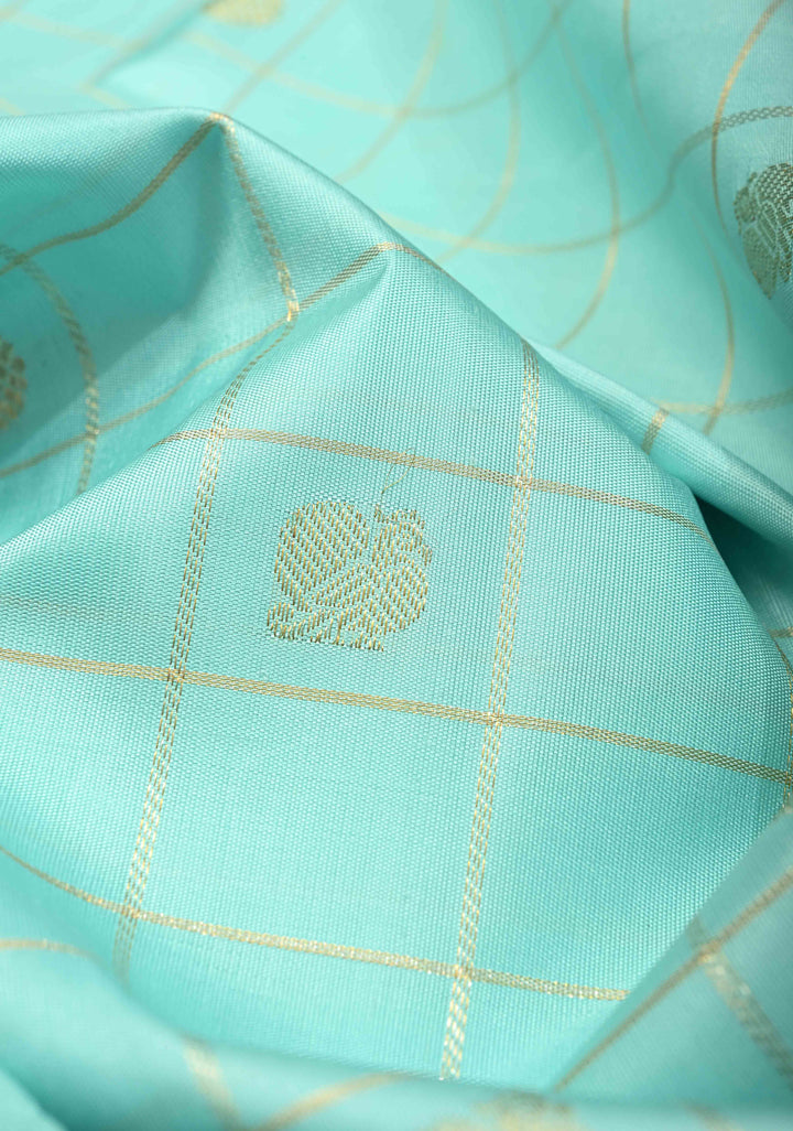 KORVAI Baby Blue Zari Checks on Pure Kanjivaram Silk Saree with Zari Buttas and Mustard Biscuit Muted Zari Border | SILK MARK CERTIFIED