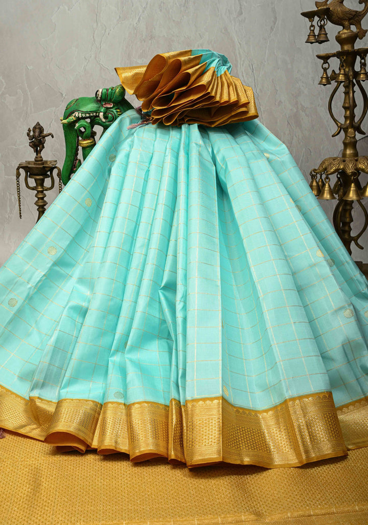 KORVAI Baby Blue Zari Checks on Pure Kanjivaram Silk Saree with Zari Buttas and Mustard Biscuit Muted Zari Border | SILK MARK CERTIFIED
