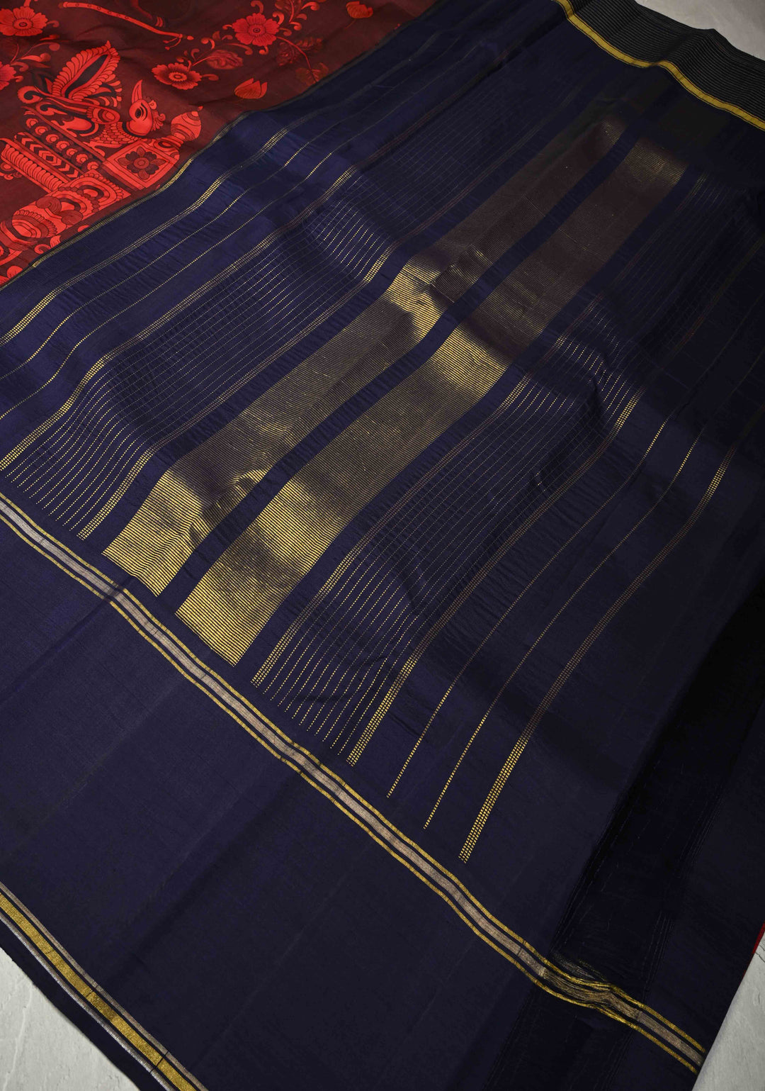 Garnet Pure Kanjivaram Silk Saree with Kalamkari Style Pichwai Digital Print and Distinct Gold-Silver Buttas on Contrast Rettaipet Border | SILK MARK CERTIFIED