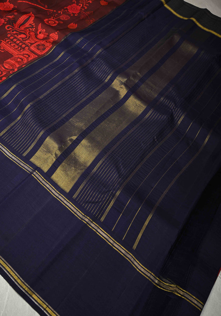 Garnet Pure Kanjivaram Silk Saree with Kalamkari Style Pichwai Digital Print and Distinct Gold-Silver Buttas on Contrast Rettaipet Border | SILK MARK CERTIFIED