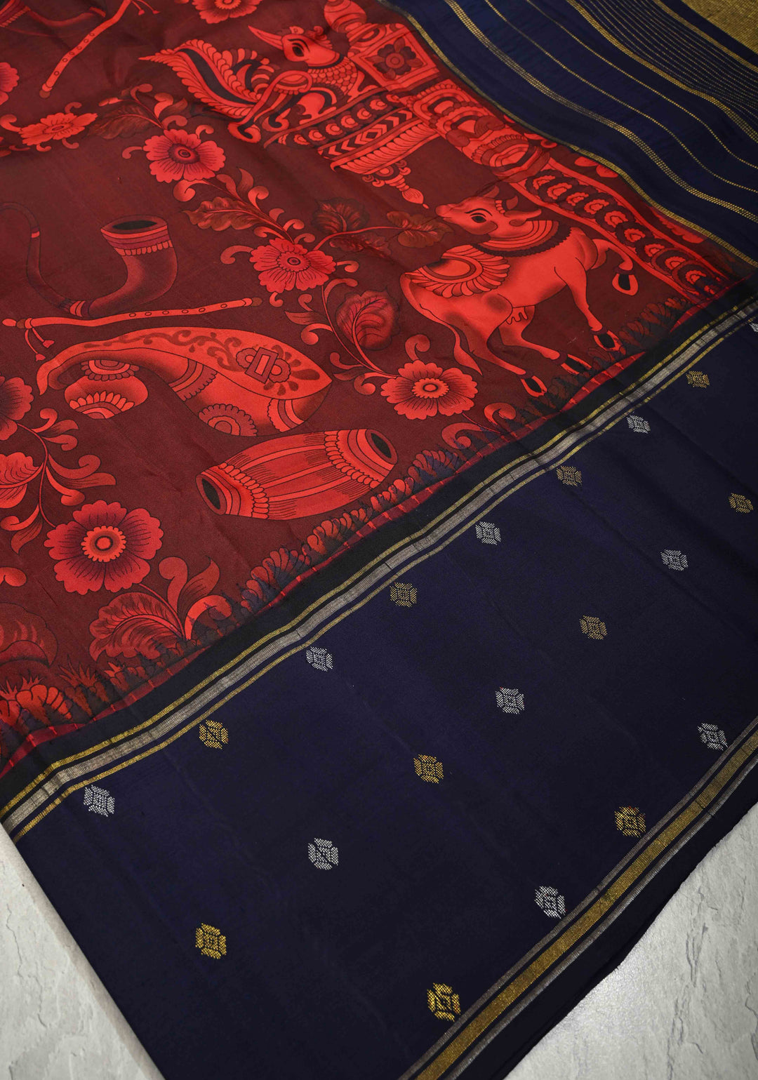 Garnet Pure Kanjivaram Silk Saree with Kalamkari Style Pichwai Digital Print and Distinct Gold-Silver Buttas on Contrast Rettaipet Border | SILK MARK CERTIFIED
