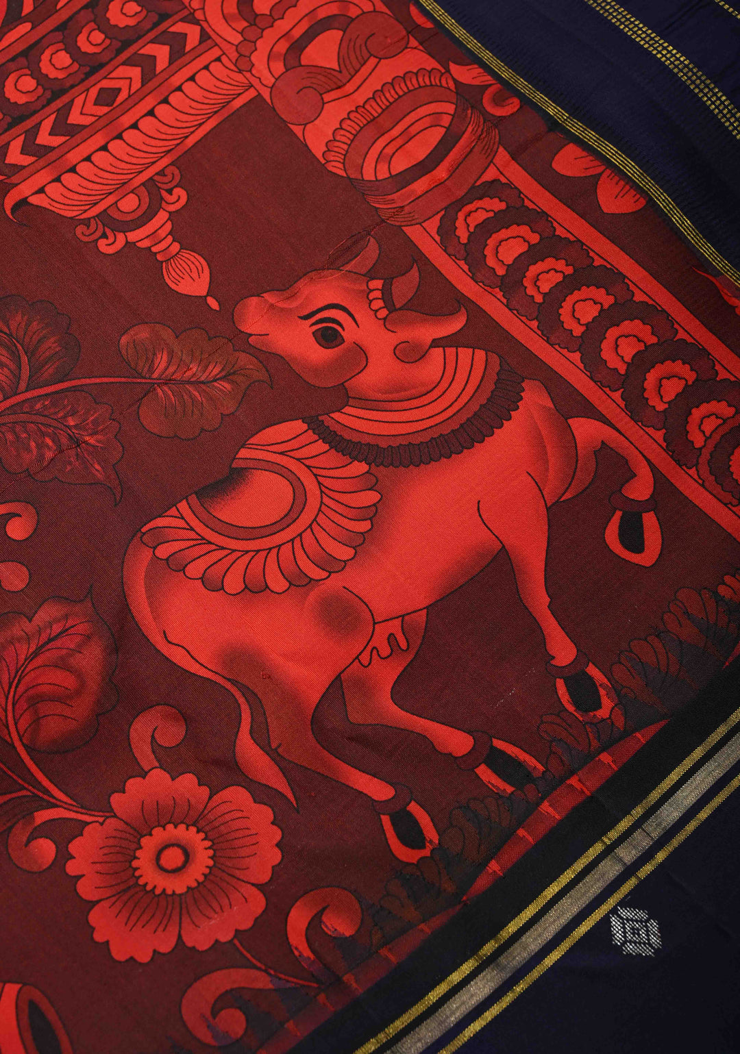 Garnet Pure Kanjivaram Silk Saree with Kalamkari Style Pichwai Digital Print and Distinct Gold-Silver Buttas on Contrast Rettaipet Border | SILK MARK CERTIFIED