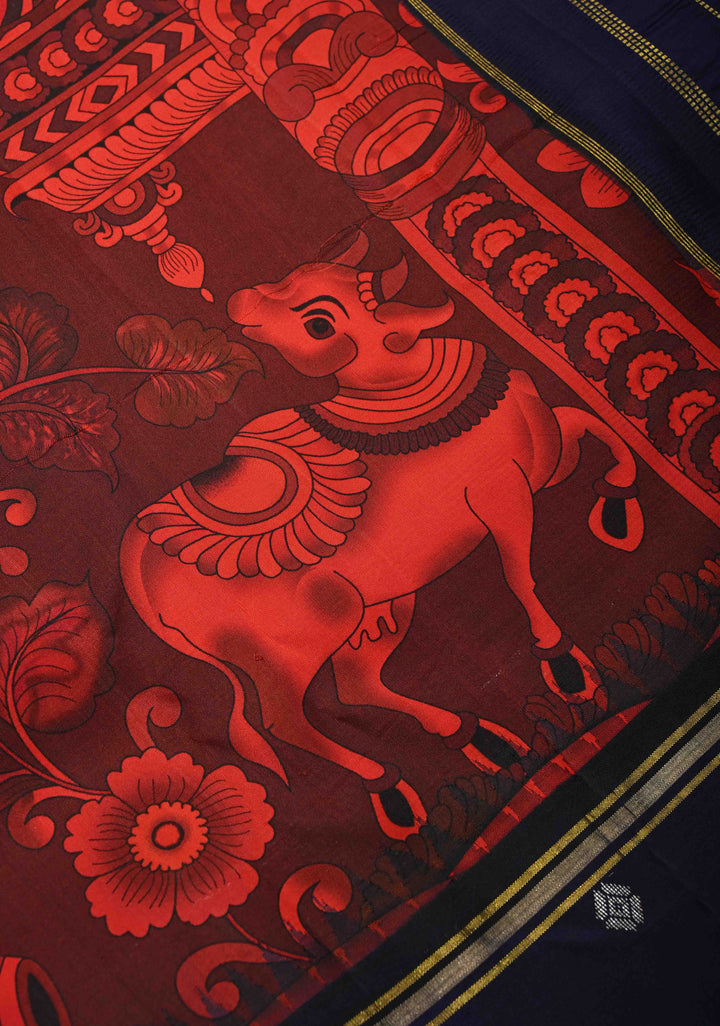 Garnet Pure Kanjivaram Silk Saree with Kalamkari Style Pichwai Digital Print and Distinct Gold-Silver Buttas on Contrast Rettaipet Border | SILK MARK CERTIFIED