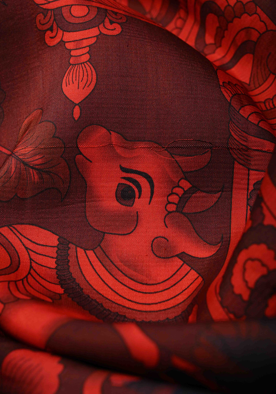 Garnet Pure Kanjivaram Silk Saree with Kalamkari Style Pichwai Digital Print and Distinct Gold-Silver Buttas on Contrast Rettaipet Border | SILK MARK CERTIFIED