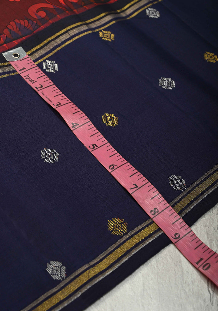 Garnet Pure Kanjivaram Silk Saree with Kalamkari Style Pichwai Digital Print and Distinct Gold-Silver Buttas on Contrast Rettaipet Border | SILK MARK CERTIFIED