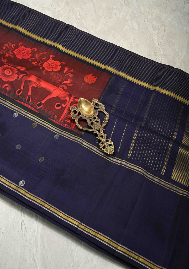 Garnet Pure Kanjivaram Silk Saree with Kalamkari Style Pichwai Digital Print and Distinct Gold-Silver Buttas on Contrast Rettaipet Border | SILK MARK CERTIFIED