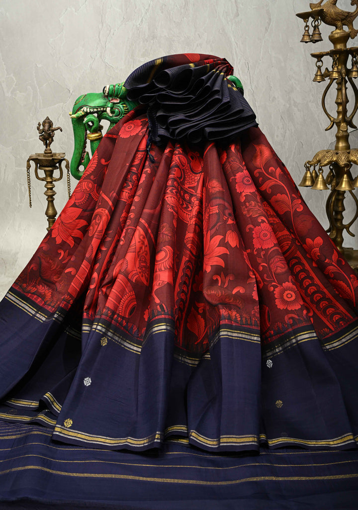 Garnet Pure Kanjivaram Silk Saree with Kalamkari Style Pichwai Digital Print and Distinct Gold-Silver Buttas on Contrast Rettaipet Border | SILK MARK CERTIFIED