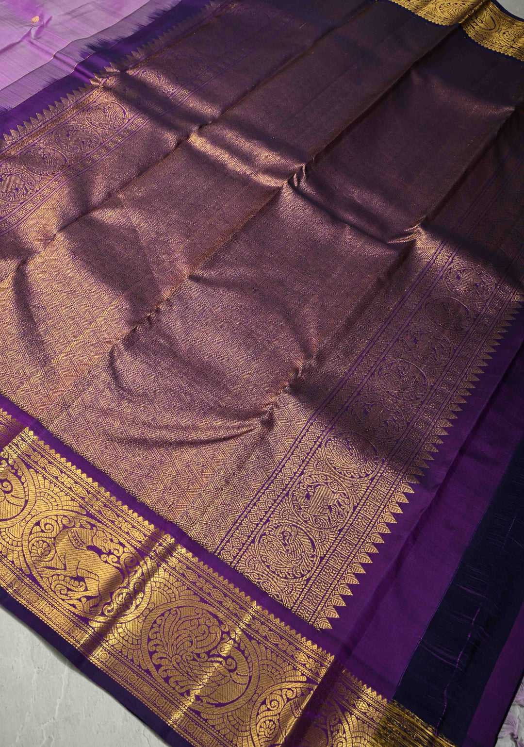 Dusty Lilac Pure Kanjivaram Silk Saree with Zari Dainty Buttas and Contrast Purple Zari Border | SILK MARK CERTIFIED