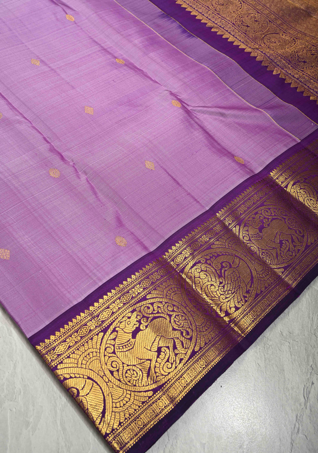 Dusty Lilac Pure Kanjivaram Silk Saree with Zari Dainty Buttas and Contrast Purple Zari Border | SILK MARK CERTIFIED