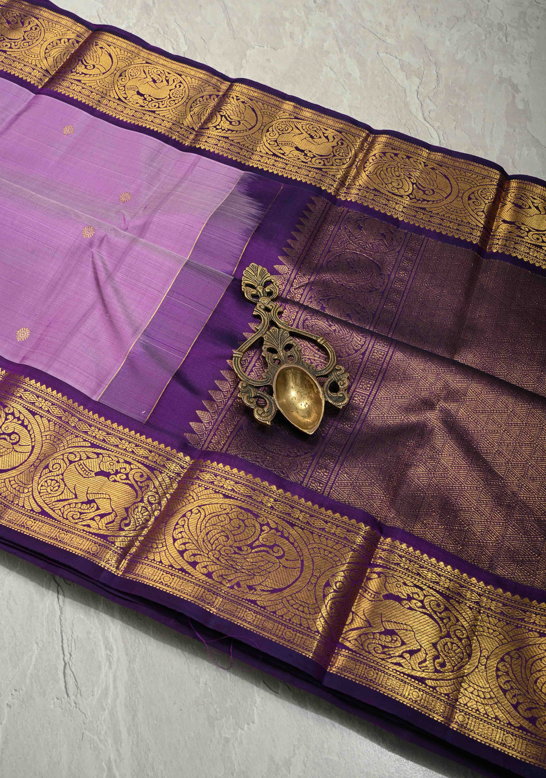 Dusty Lilac Pure Kanjivaram Silk Saree with Zari Dainty Buttas and Contrast Purple Zari Border | SILK MARK CERTIFIED