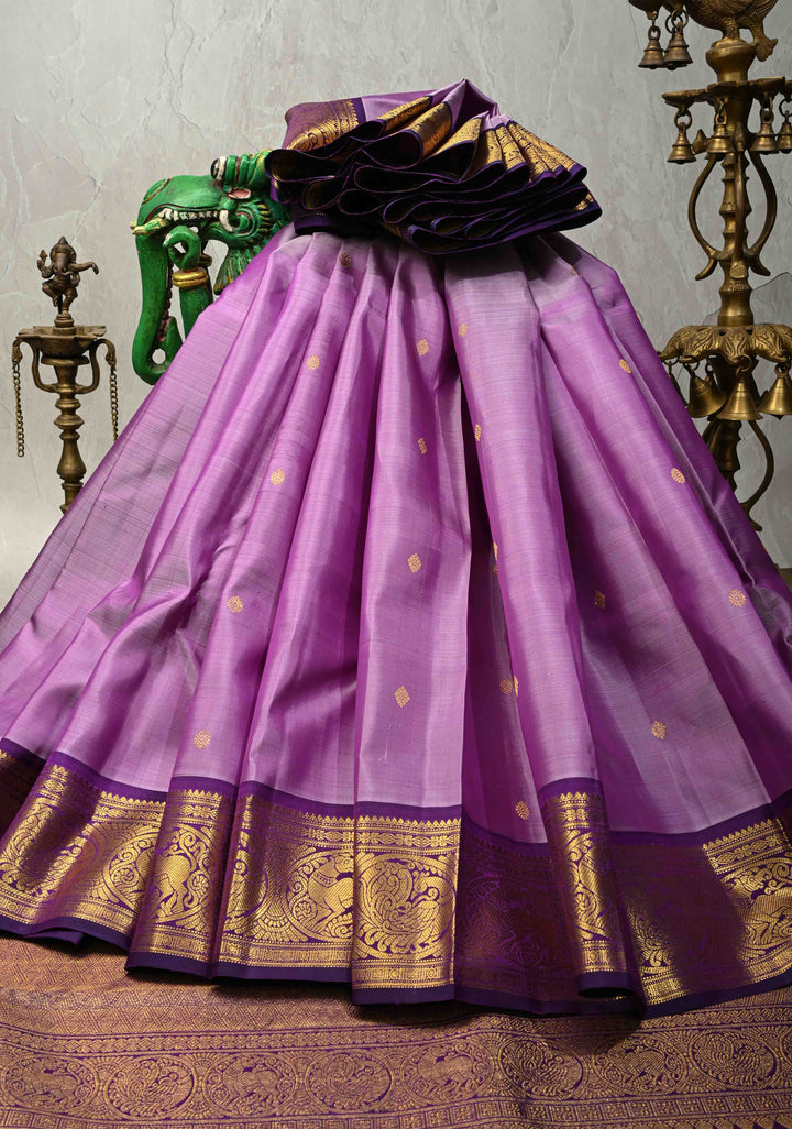 Dusty Lilac Pure Kanjivaram Silk Saree with Zari Dainty Buttas and Contrast Purple Zari Border | SILK MARK CERTIFIED