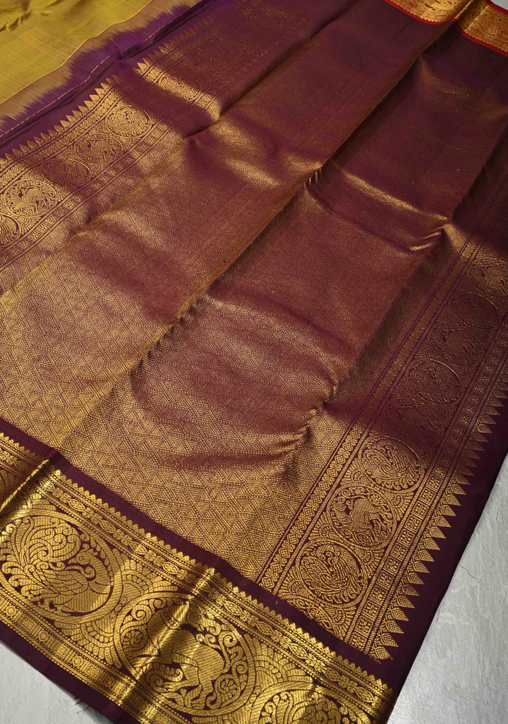 Methi Green Pure Kanjivaram Silk Saree with Zari Buttas and Contrast Ganga Jamuna Border | SILK MARK CERTIFIED