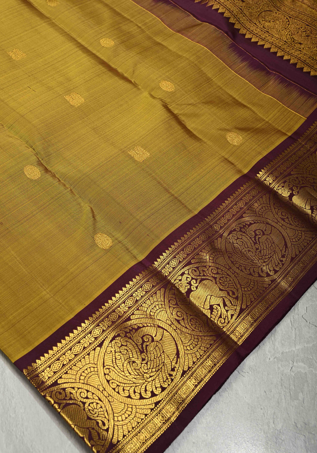 Methi Green Pure Kanjivaram Silk Saree with Zari Buttas and Contrast Ganga Jamuna Border | SILK MARK CERTIFIED