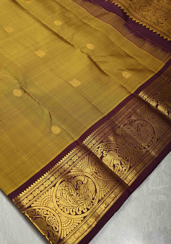 Methi Green Pure Kanjivaram Silk Saree with Zari Buttas and Contrast Ganga Jamuna Border | SILK MARK CERTIFIED