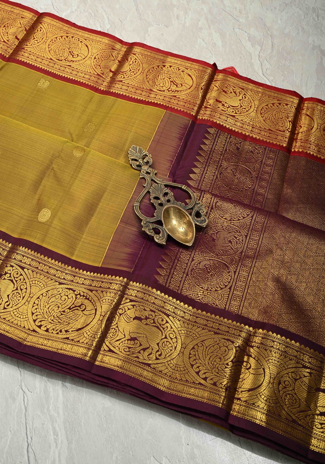 Methi Green Pure Kanjivaram Silk Saree with Zari Buttas and Contrast Ganga Jamuna Border | SILK MARK CERTIFIED