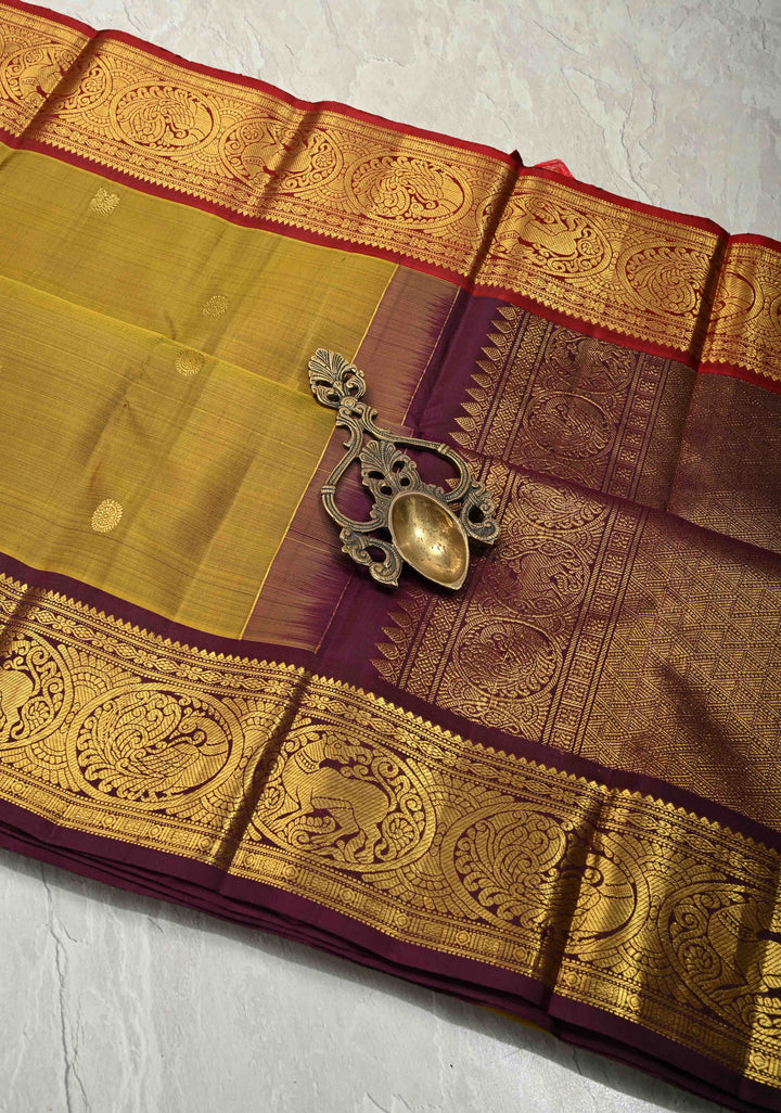 Methi Green Pure Kanjivaram Silk Saree with Zari Buttas and Contrast Ganga Jamuna Border | SILK MARK CERTIFIED