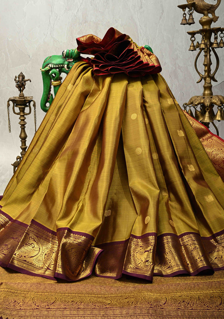 Methi Green Pure Kanjivaram Silk Saree with Zari Buttas and Contrast Ganga Jamuna Border | SILK MARK CERTIFIED