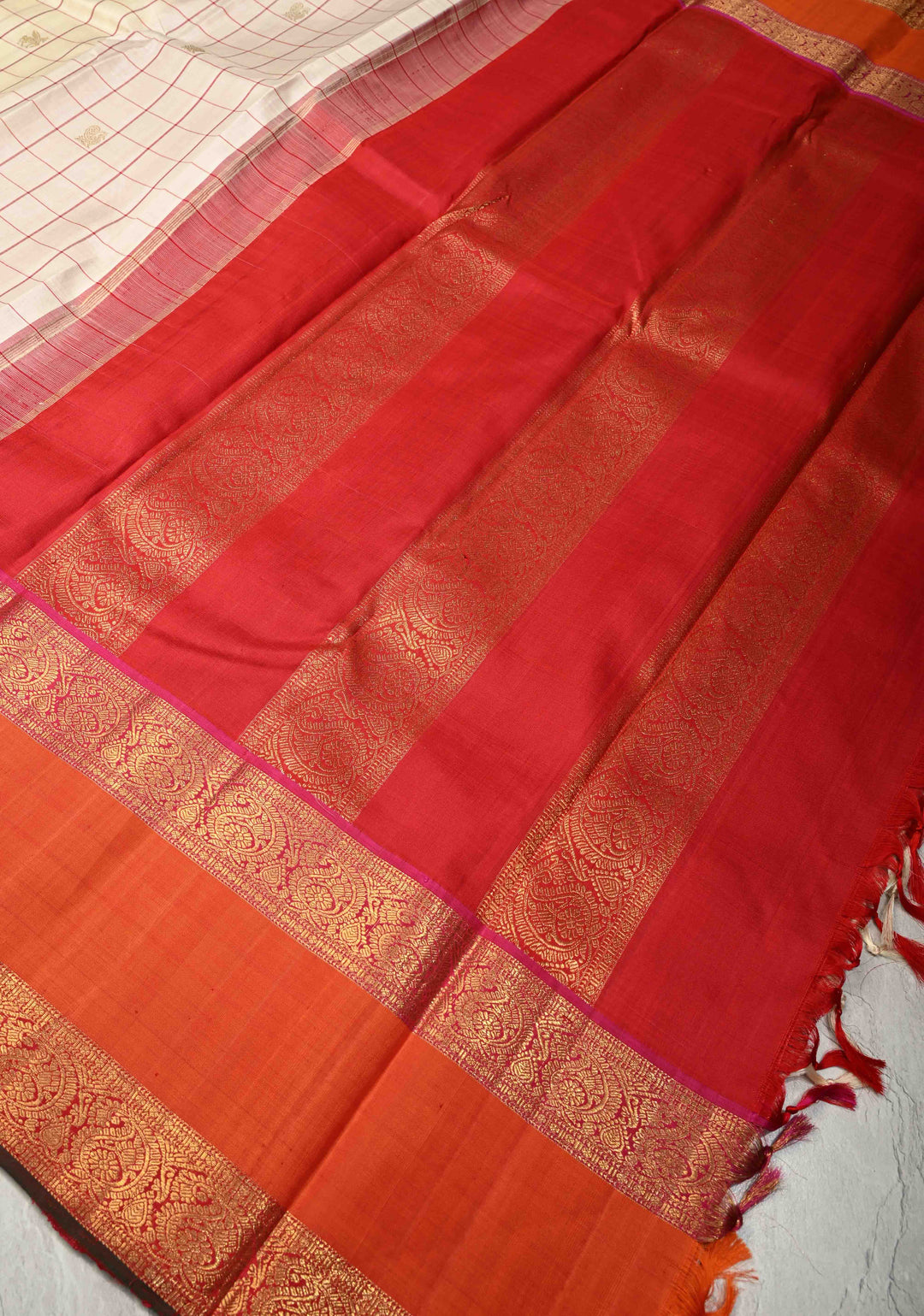 Stunning Off White Pure Kanjivaram Silk Saree with Checks and Orange Rettaipet Zari Border | SILK MARK CERTIFIED