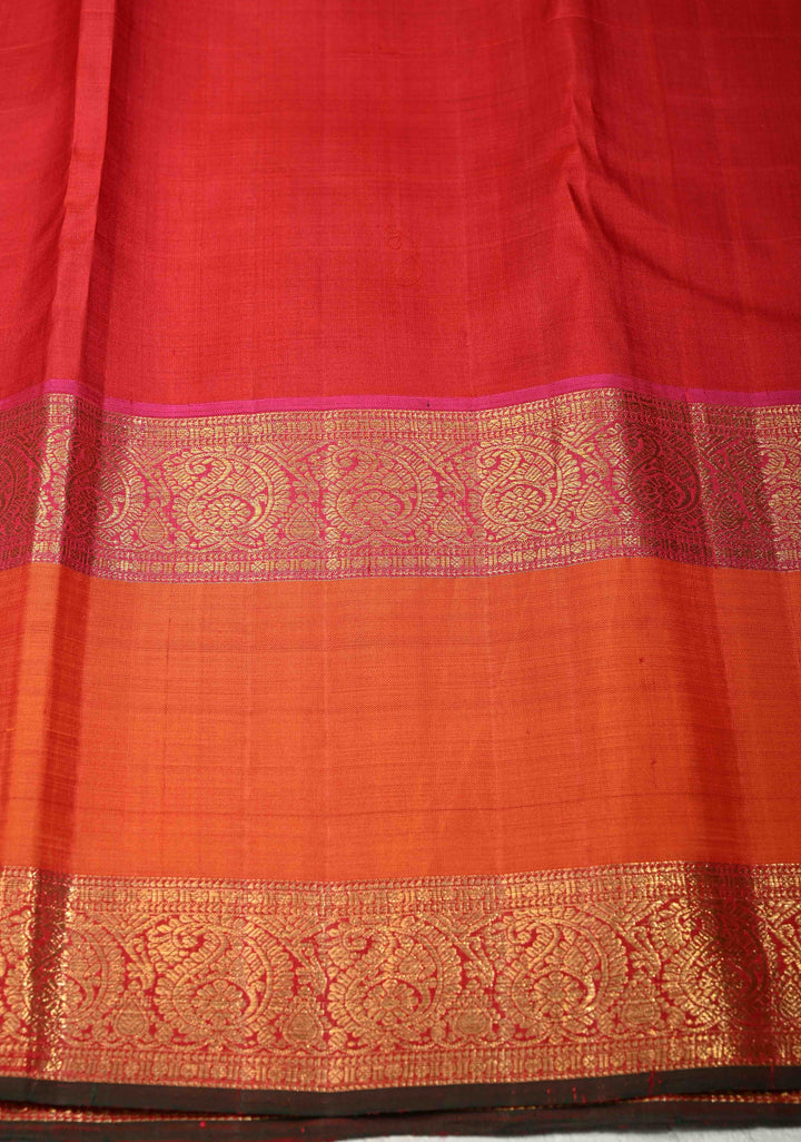 Stunning Off White Pure Kanjivaram Silk Saree with Checks and Orange Rettaipet Zari Border | SILK MARK CERTIFIED