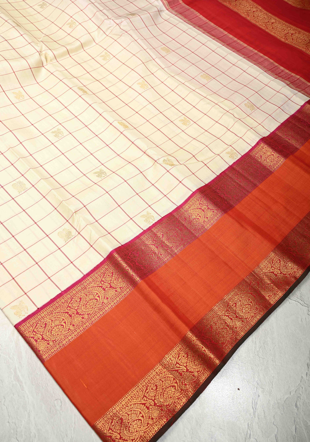 Stunning Off White Pure Kanjivaram Silk Saree with Checks and Orange Rettaipet Zari Border | SILK MARK CERTIFIED