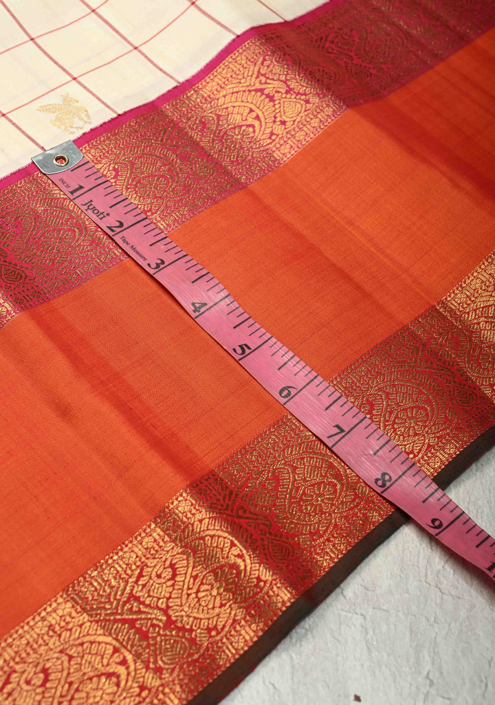 Stunning Off White Pure Kanjivaram Silk Saree with Checks and Orange Rettaipet Zari Border | SILK MARK CERTIFIED