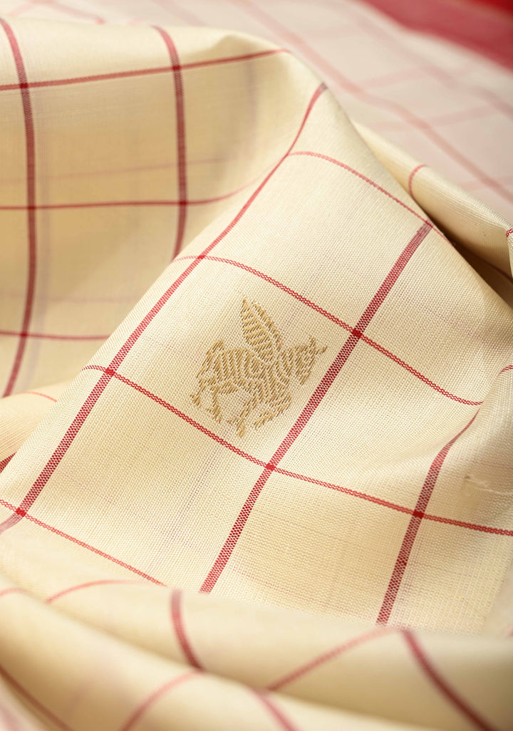 Stunning Off White Pure Kanjivaram Silk Saree with Checks and Orange Rettaipet Zari Border | SILK MARK CERTIFIED