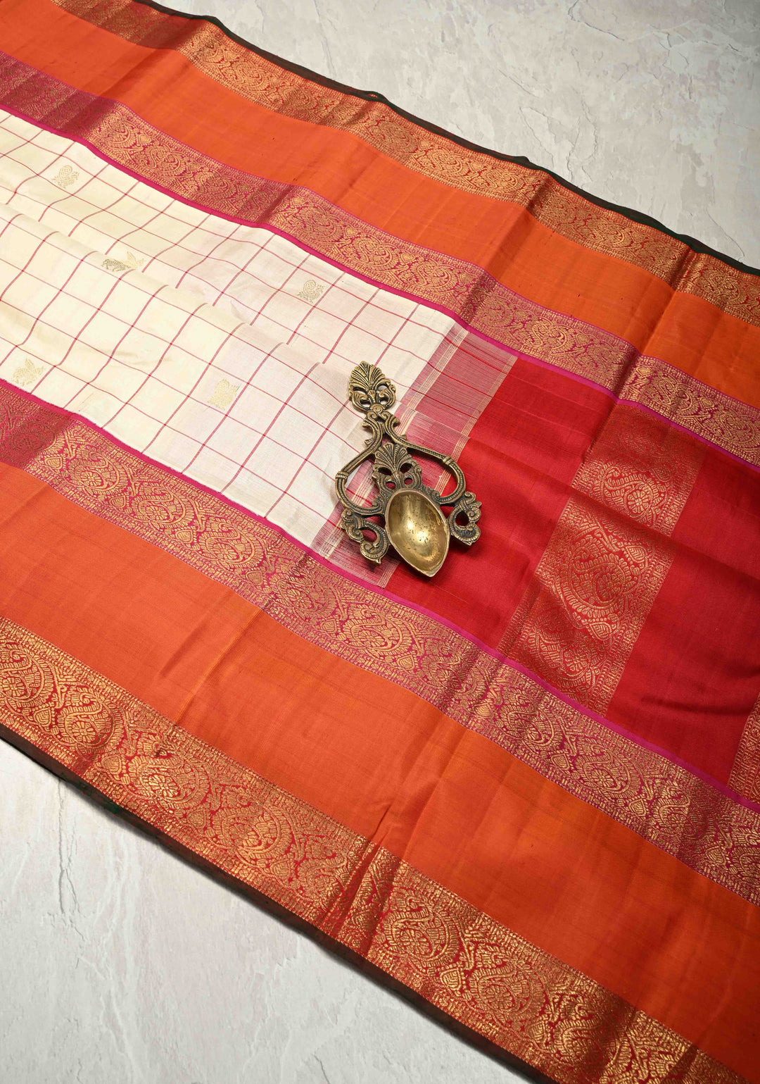 Stunning Off White Pure Kanjivaram Silk Saree with Checks and Orange Rettaipet Zari Border | SILK MARK CERTIFIED