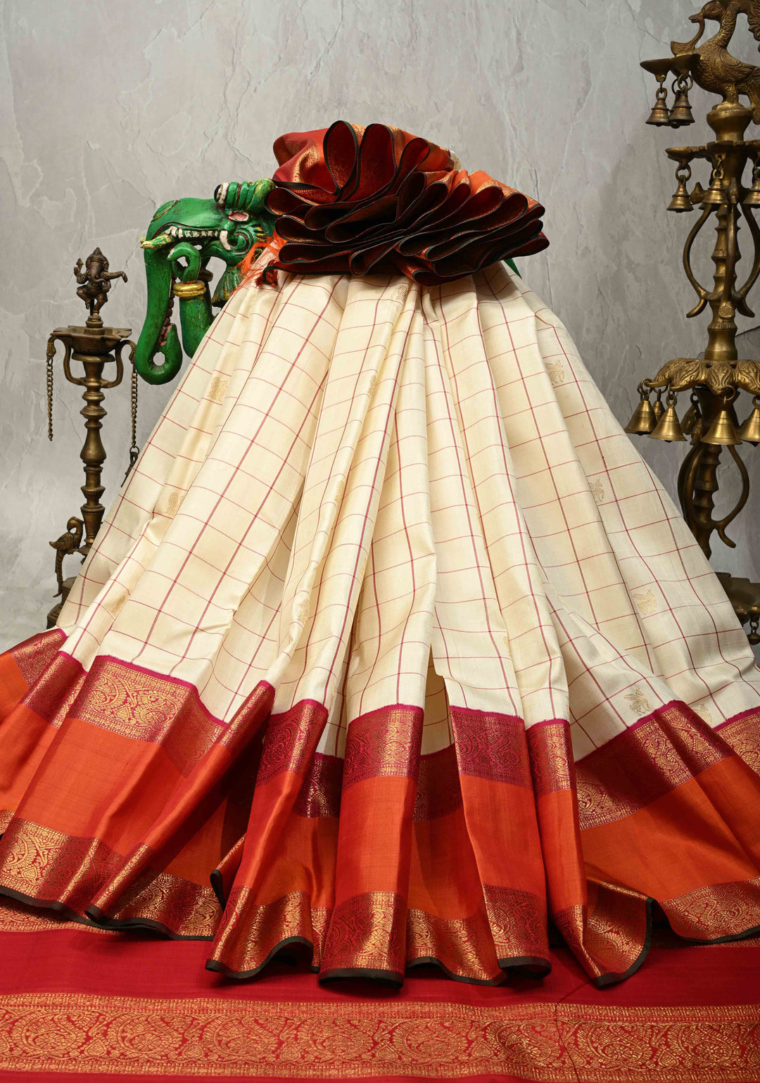 Stunning Off White Pure Kanjivaram Silk Saree with Checks and Orange Rettaipet Zari Border | SILK MARK CERTIFIED